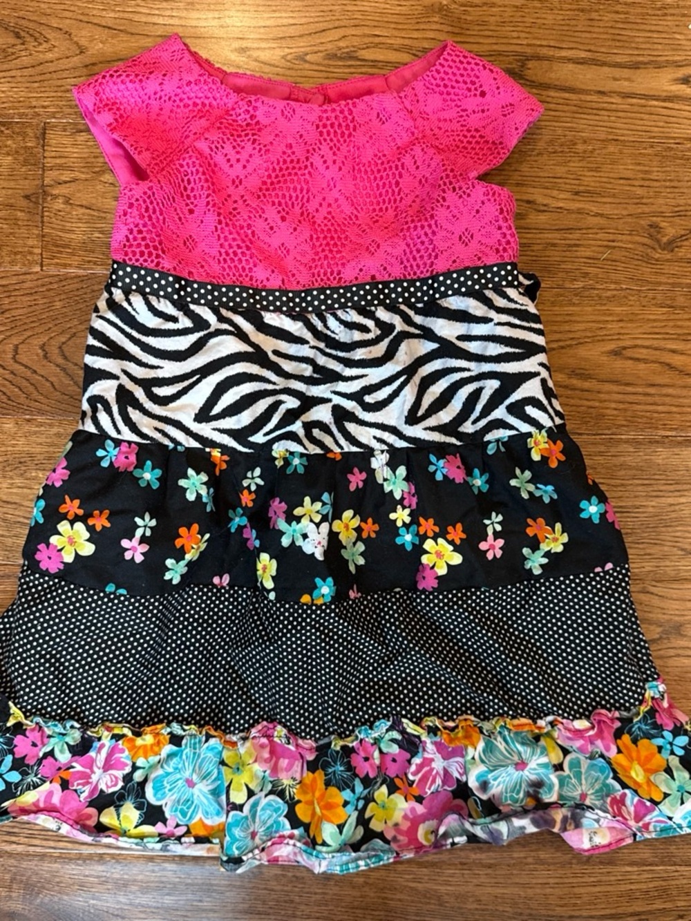 Youngland Pink, Black, White & Multicolor Floral Tiered Dress